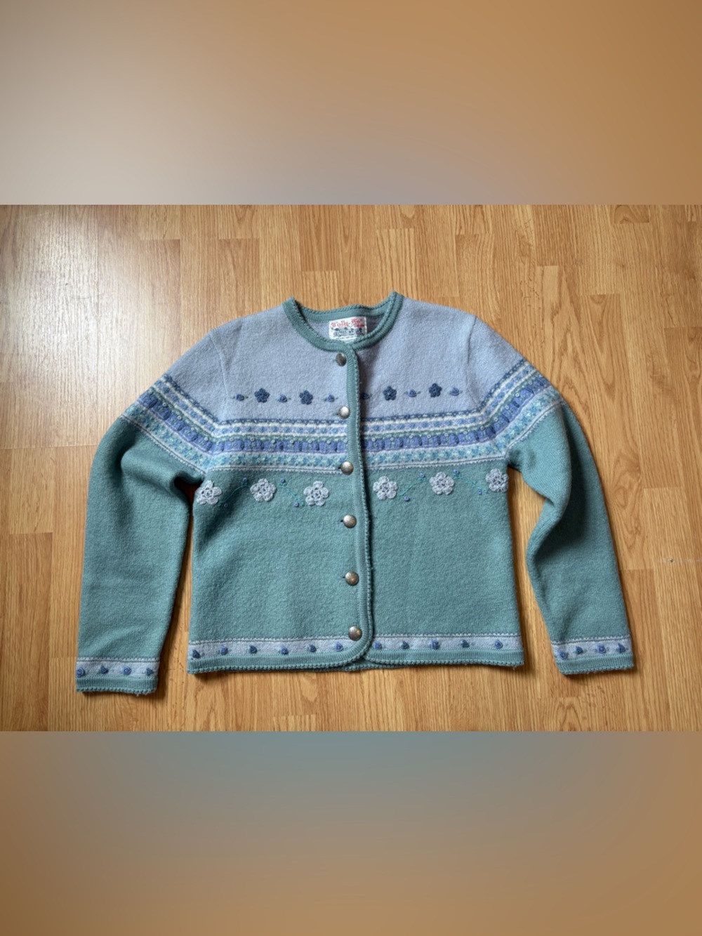 Vintage Tally Ho Spring 100% Wool Sweater Green Purple Cardigan Floral Striped